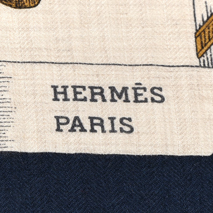 Hermes Cashmere Silk Chevaux Dechaines Shawl 140 Marine Naturel Gris 6 of 8
