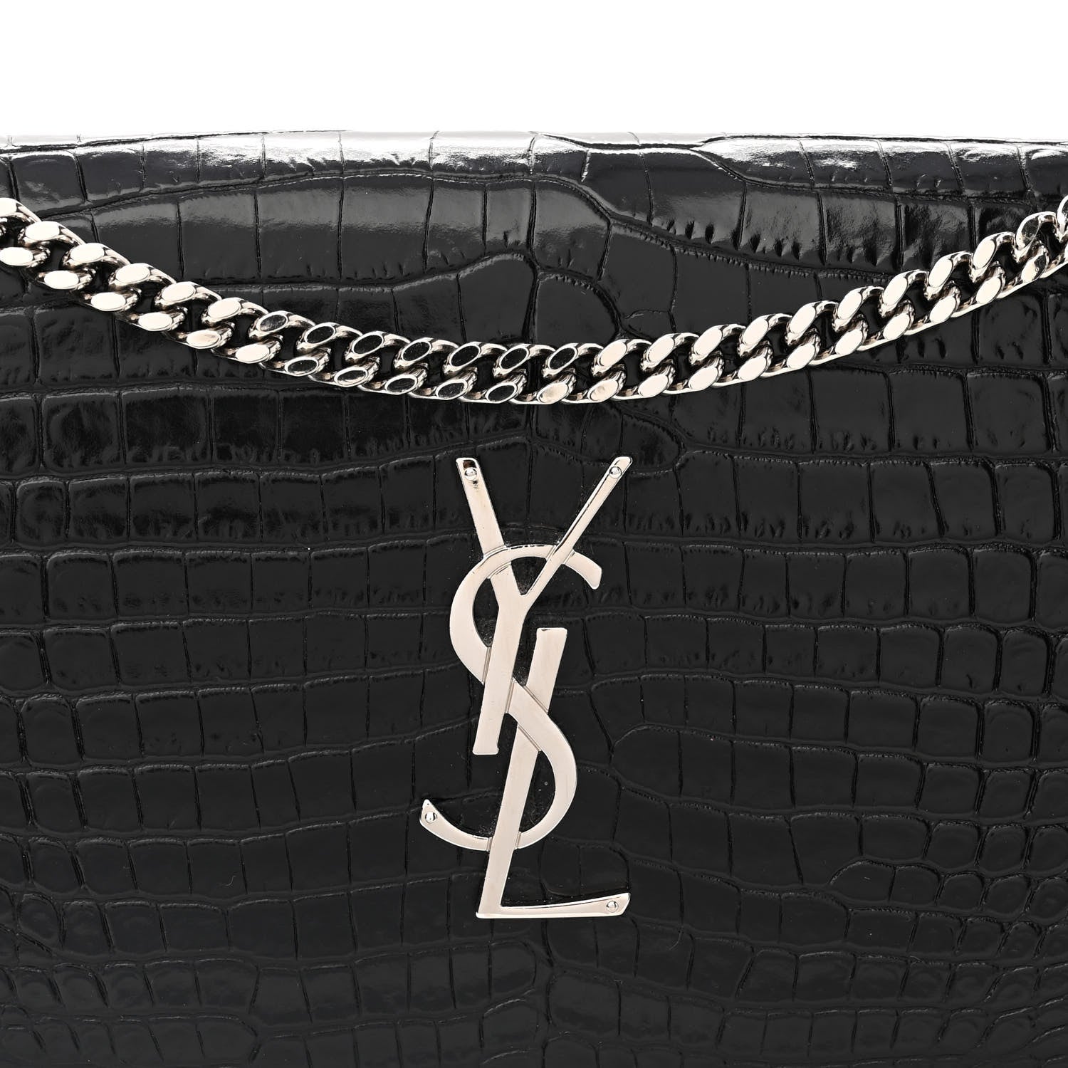 Saint Laurent Calfskin Crocodile Embossed Monogram Chain Wallet Black 8 of 12