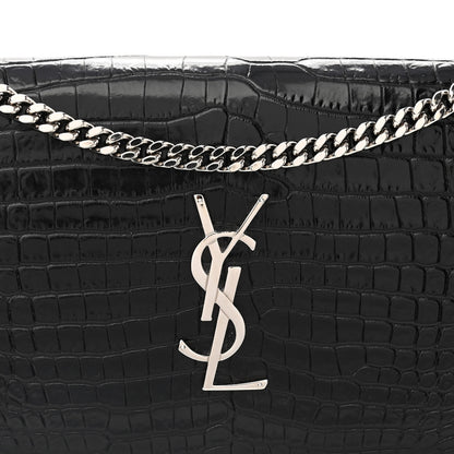 Saint Laurent Calfskin Crocodile Embossed Monogram Chain Wallet Black 8 of 12