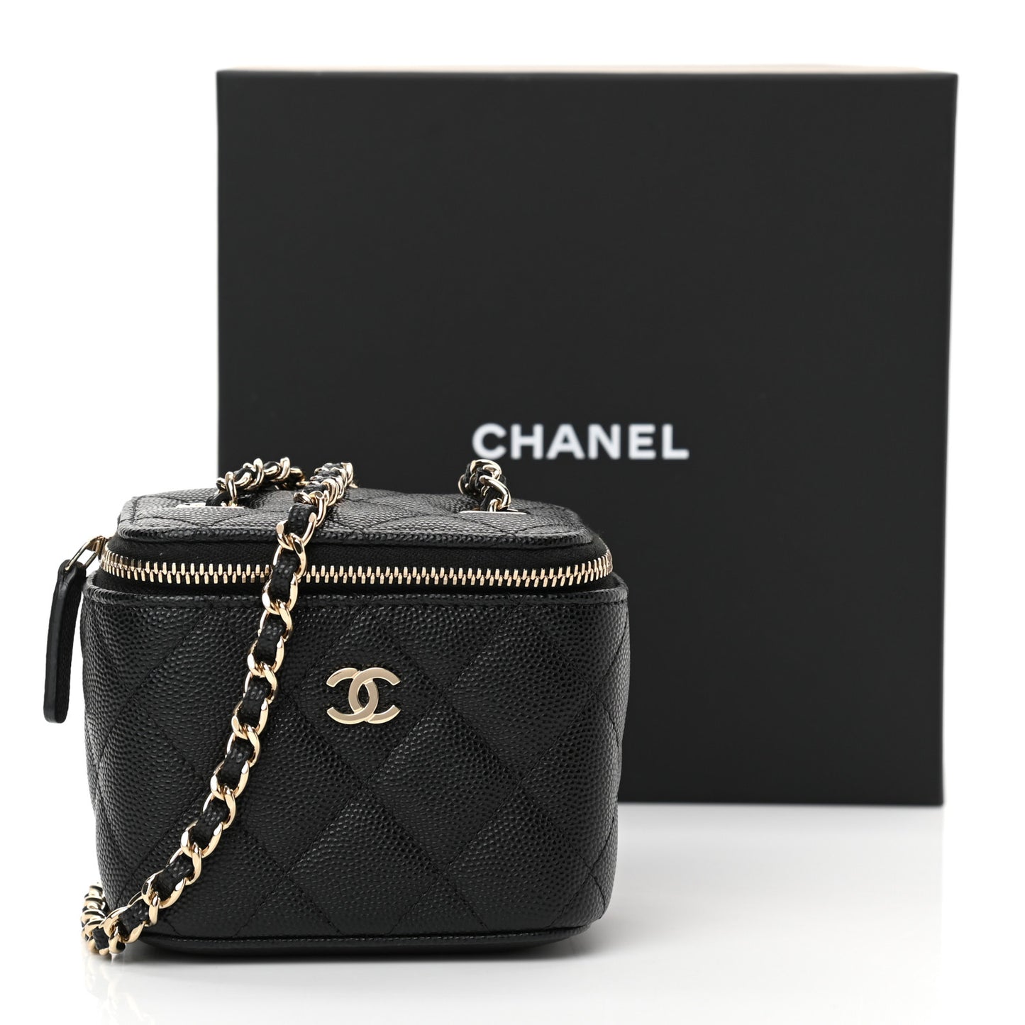 Caviar Quilted Mini Vanity Case With Chain Black