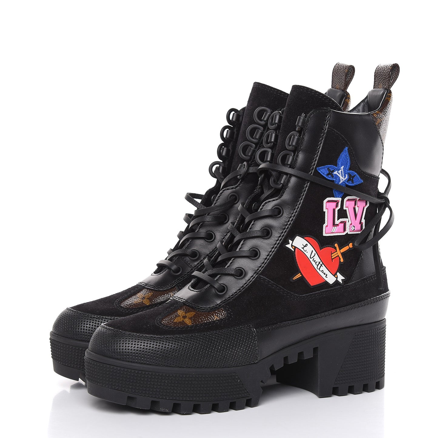 Suede Calfskin Monogram LV Black Heart Laureate Platform Desert Boots 37 Black