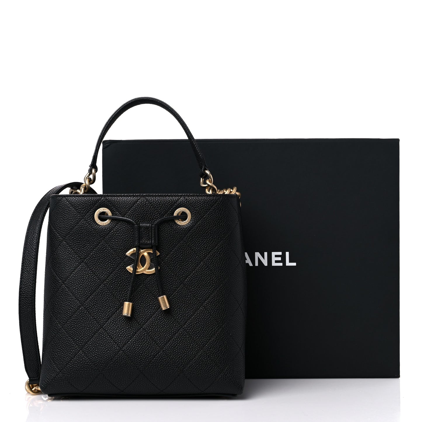 Grained Calfskin Stitched Small Drawstring Bag Black