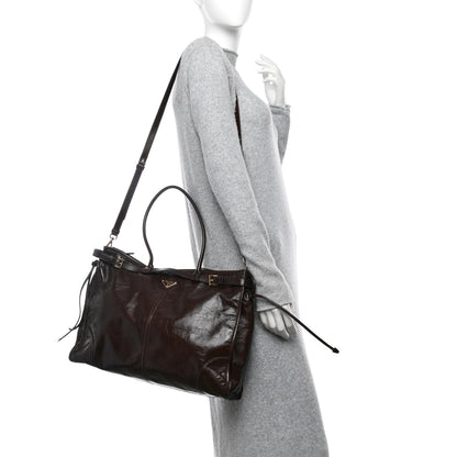 Prada Glossy Calfskin Triangle Extra Large Bonnie Shoulder Bag Dark Brown 2 of 10