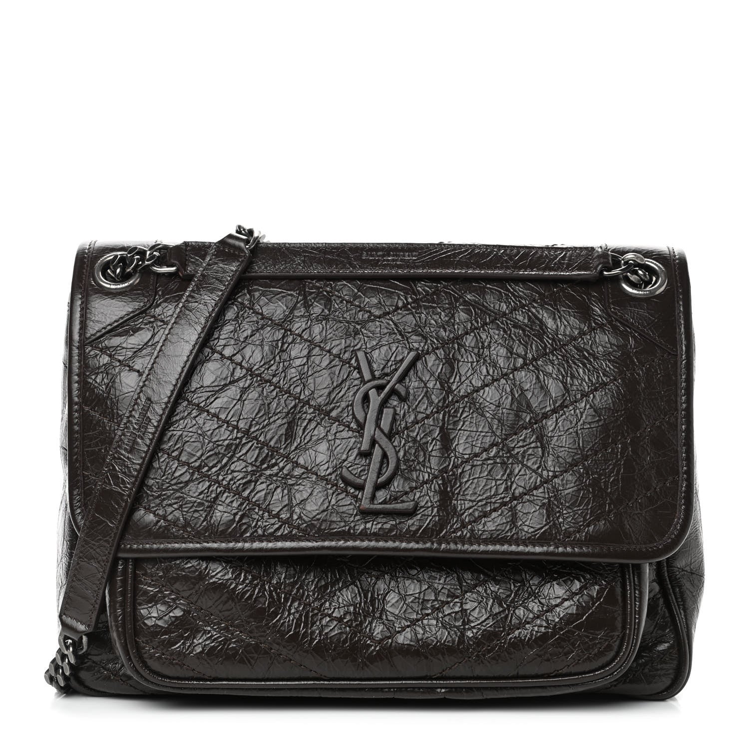 Saint Laurent Crinkled Calfskin Matelasse Monogram Medium Niki Chain Satchel Western Moka 1 of 4