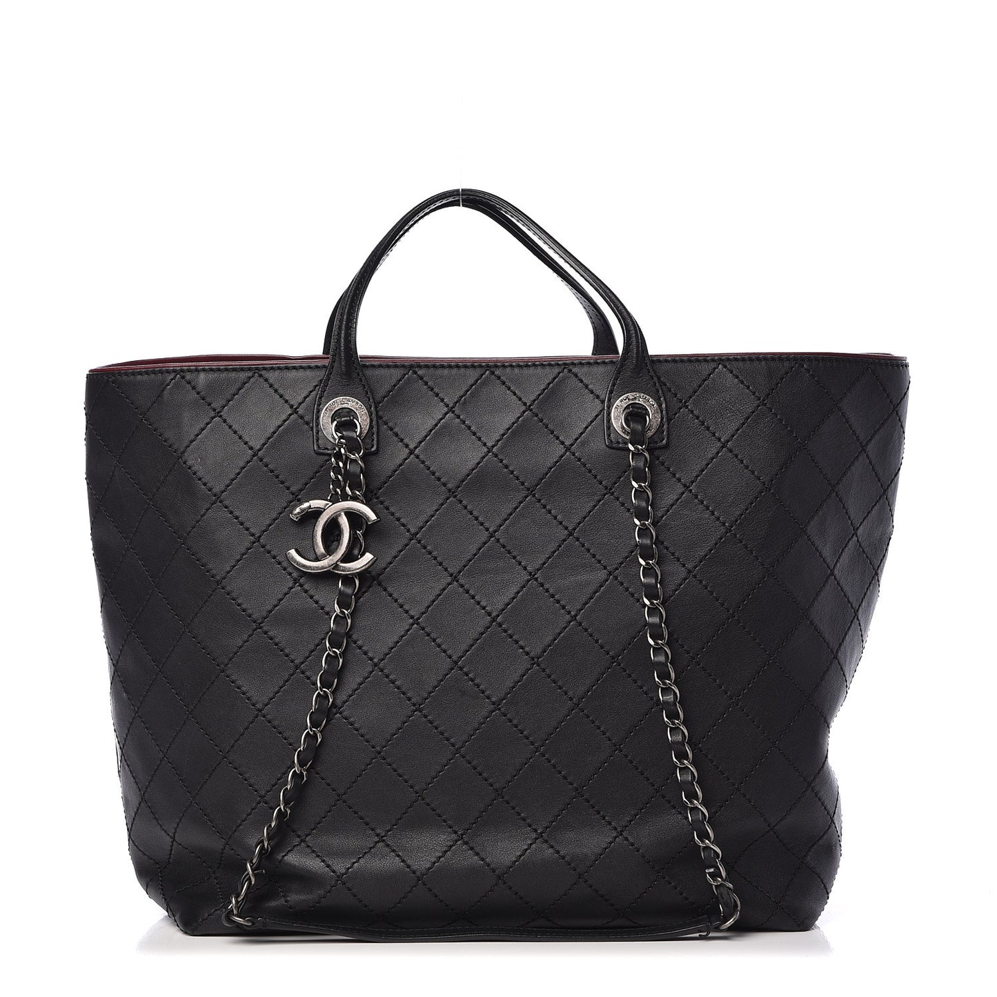 Calfskin Stitched Large Shopping Tote Black