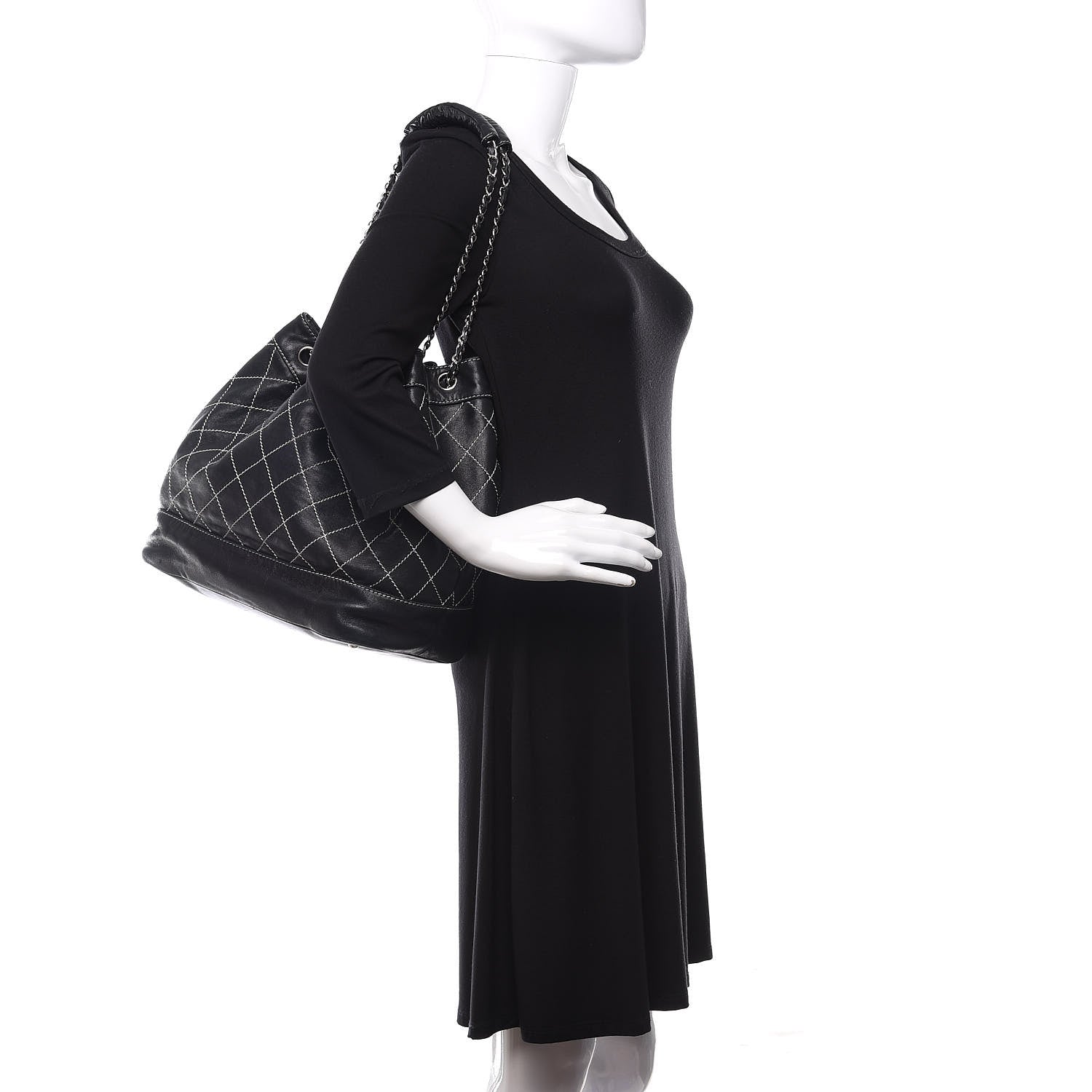 Chanel Lambskin Contrast Stitch Large Drawstring Tote Black 2 of 18