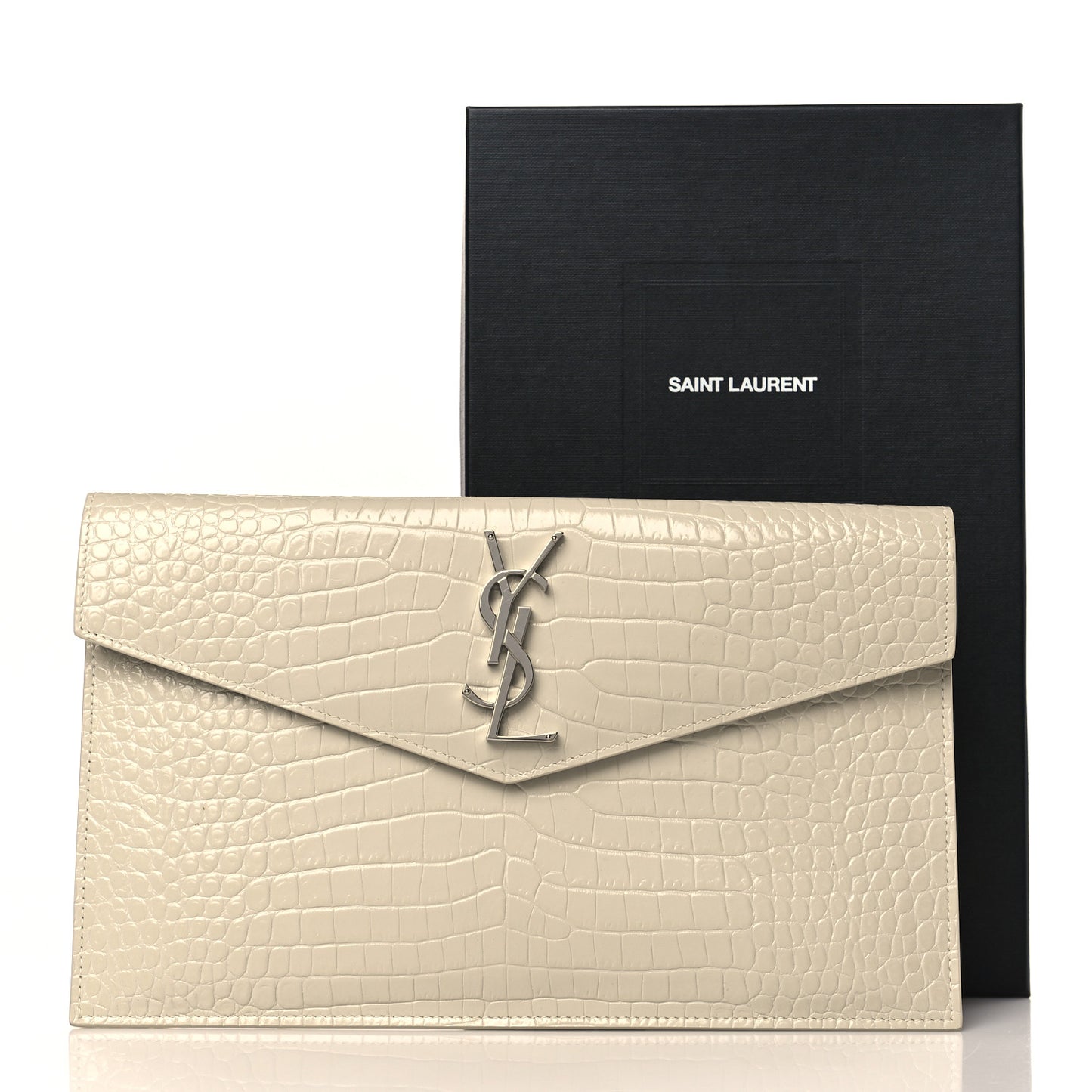Calfskin Crocodile Embossed Uptown Monogram Pouch Crema Soft