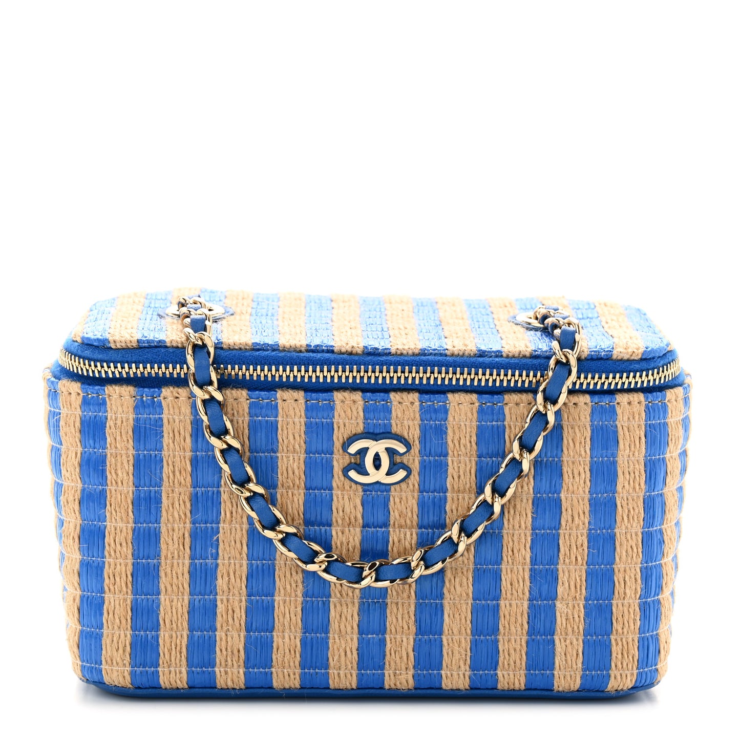 Raffia Jute Striped Small Vanity Case With Chain Blue Beige
