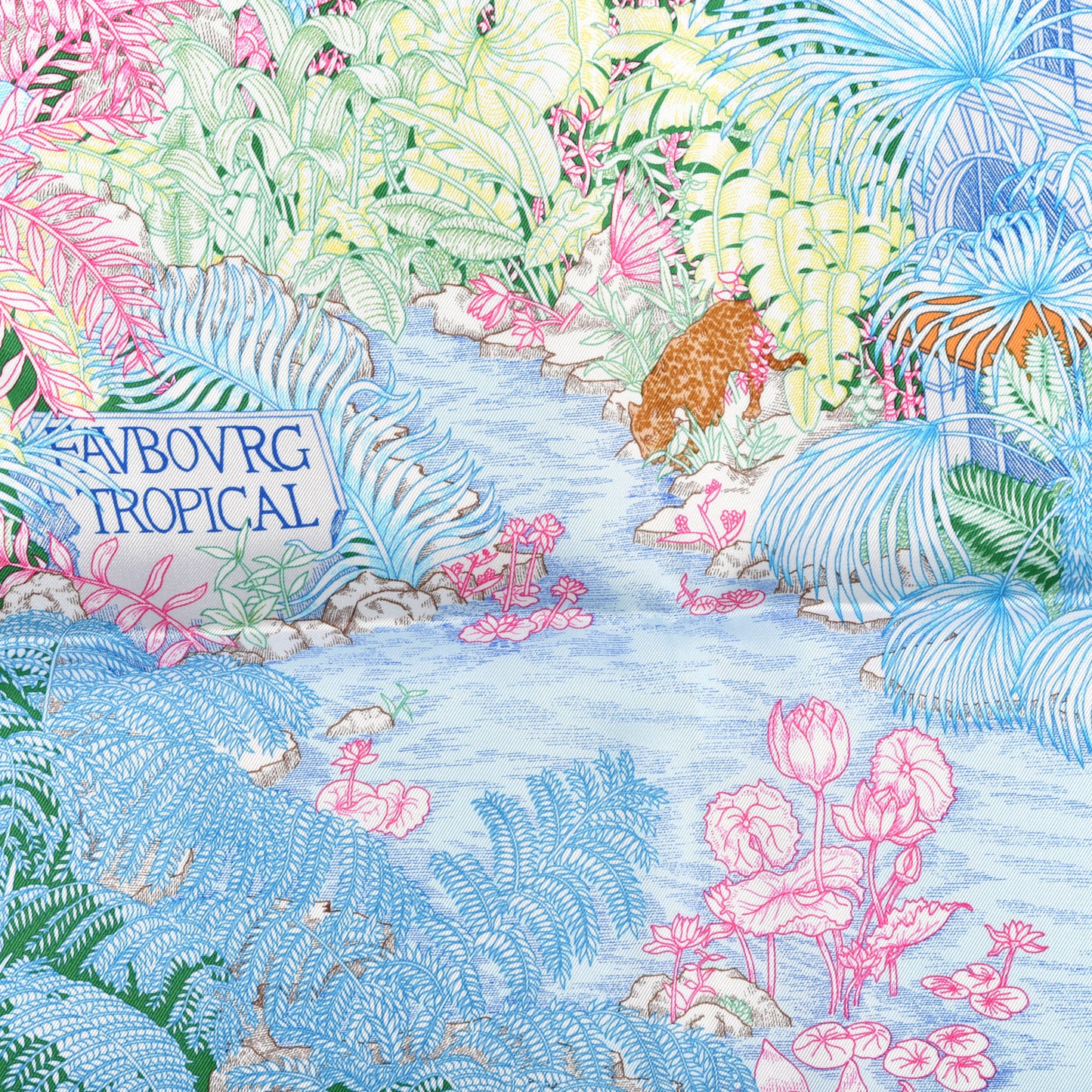 Silk Twill Faubourg Tropical Scarf 90 Bleu Vert Jaune
