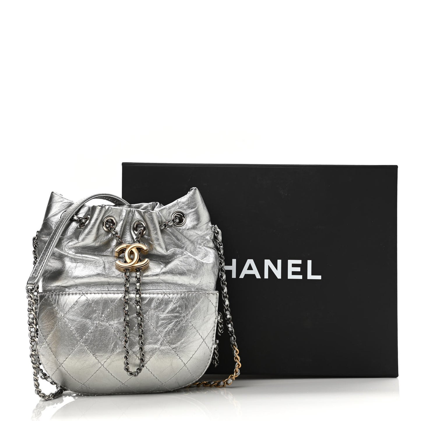 Metallic Aged Calfskin Quilted Small Gabrielle Bucket Silver