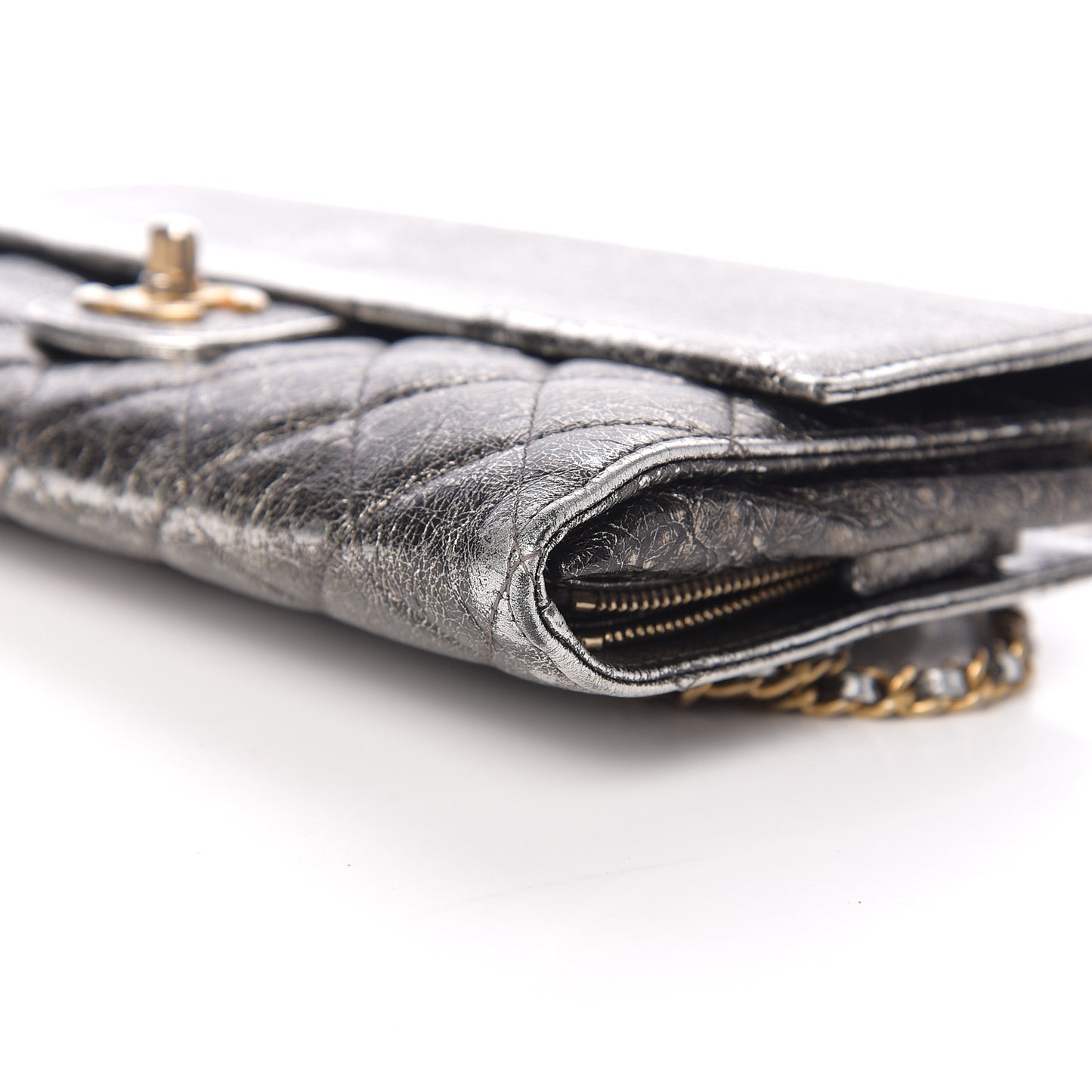 Cracked Metallic Calfskin Quilted Zip Away Chain Clutch Dark Silver