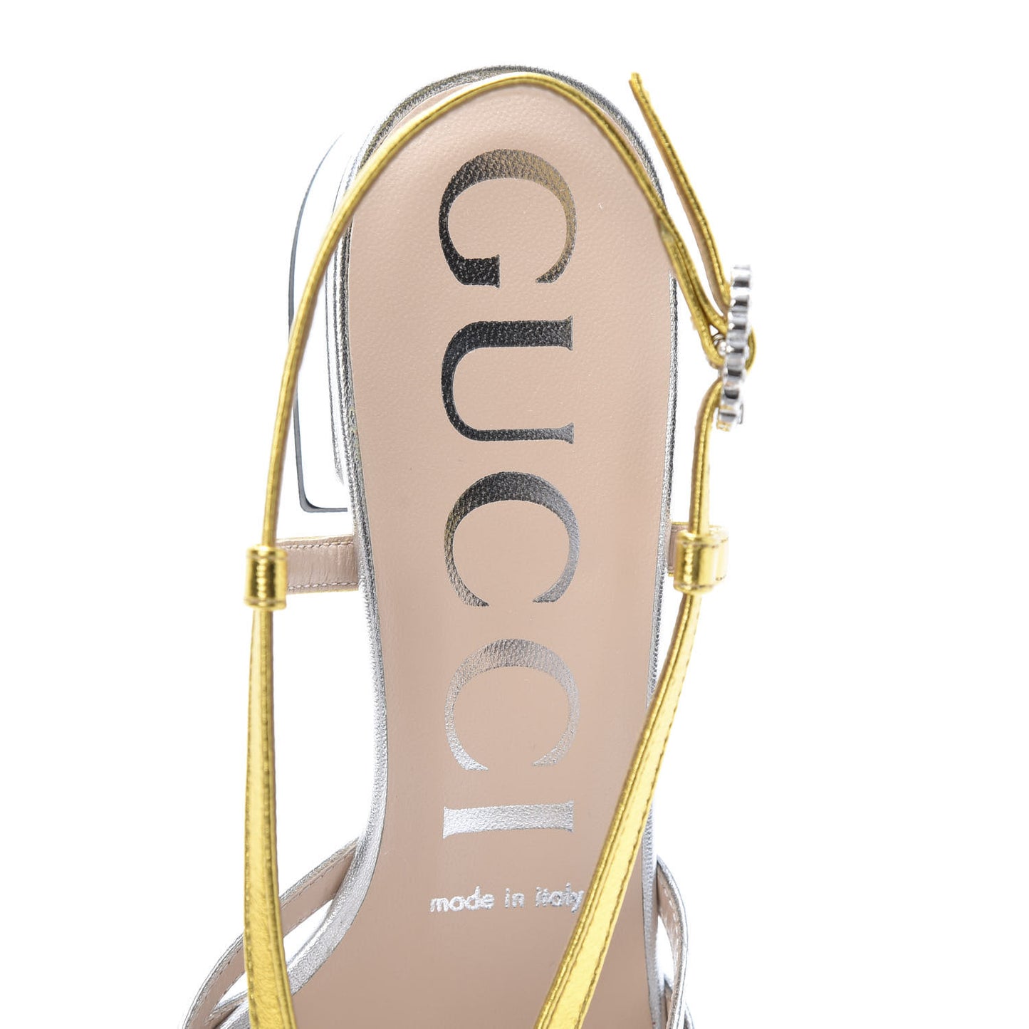 Metallic Nappa Crystal Zephyra Slingback Low Heel Sandals 36 Silver Gold