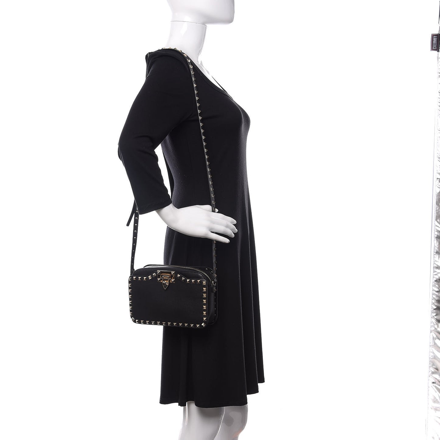 Vitello Rockstud Flip Lock Camera Crossbody Bag Black