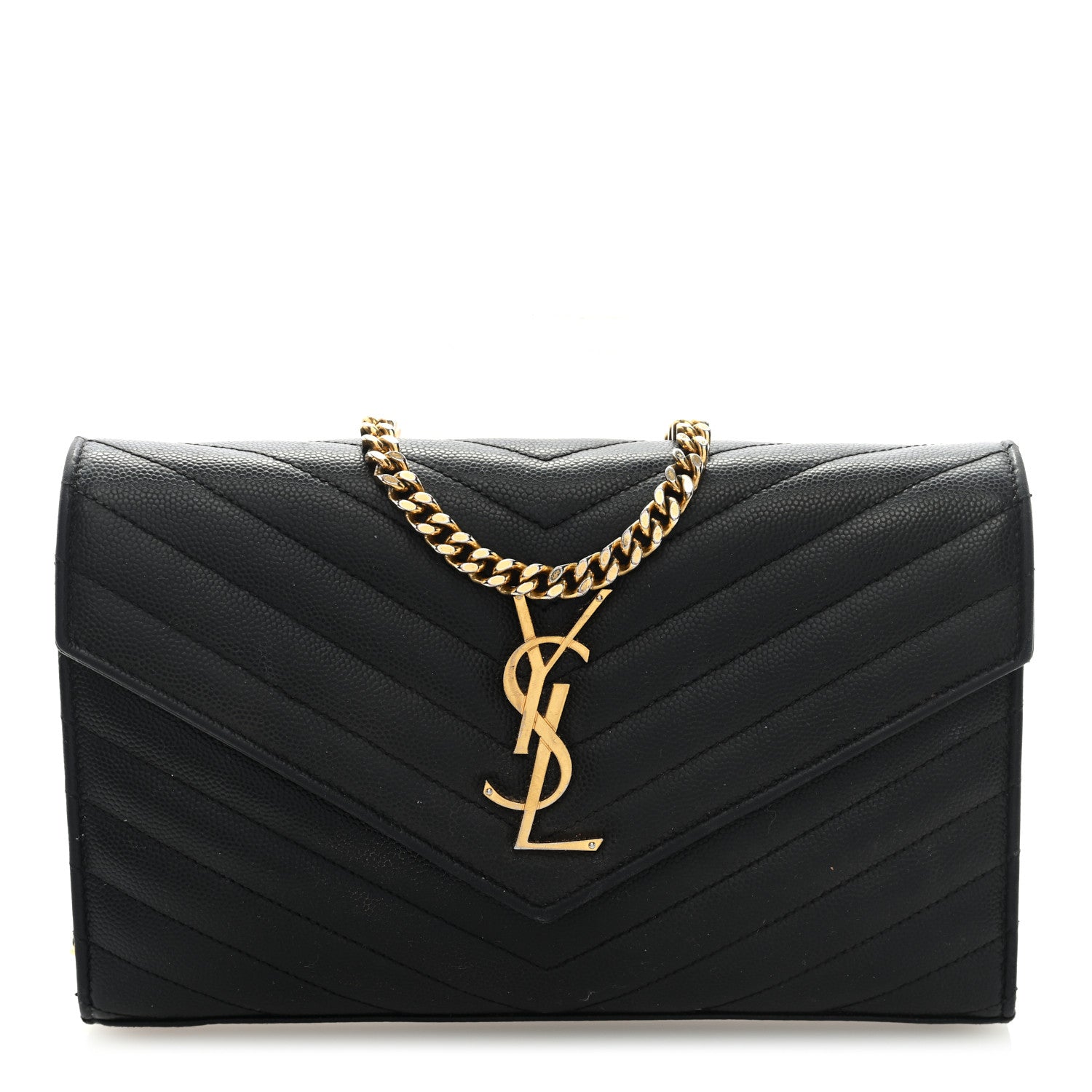 Saint Laurent Grain De Poudre Matelasse Chevron Monogram Chain Wallet Black 1 of 8