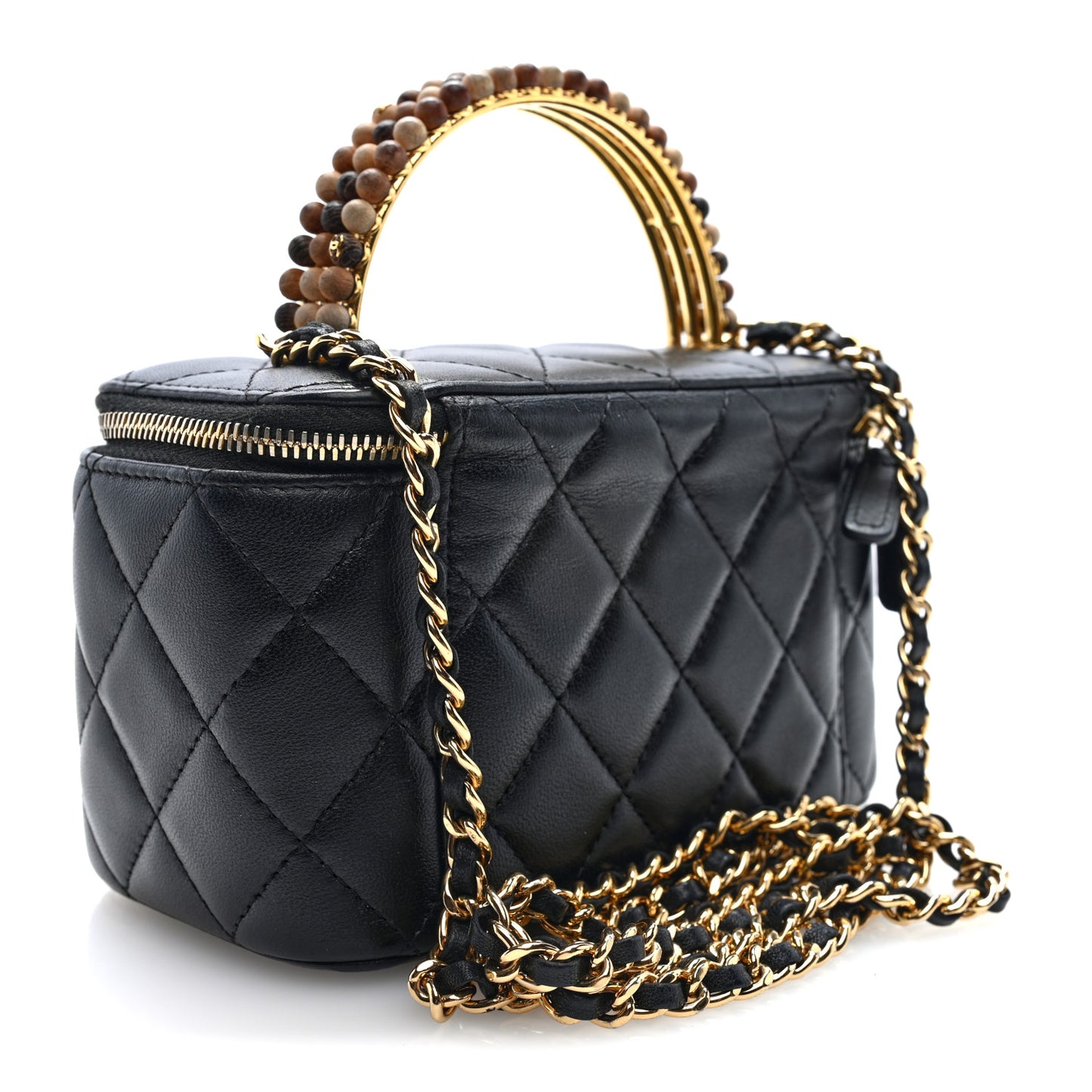 Shiny Lambskin Quilted Small Metal Wood Top Handle Vanity Case With Chain Black