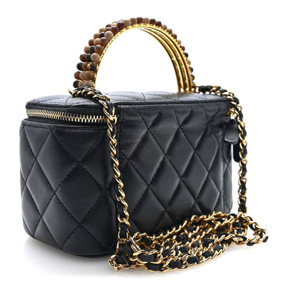 Chanel Shiny Lambskin Quilted Small Metal Wood Top Handle Vanity Case With Chain Black 3 of 11