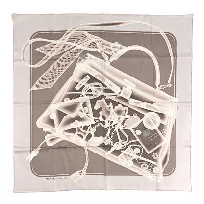 Hermes Silk Please Check In Scarf 90 Gris Perle Etoupe 1 of 4
