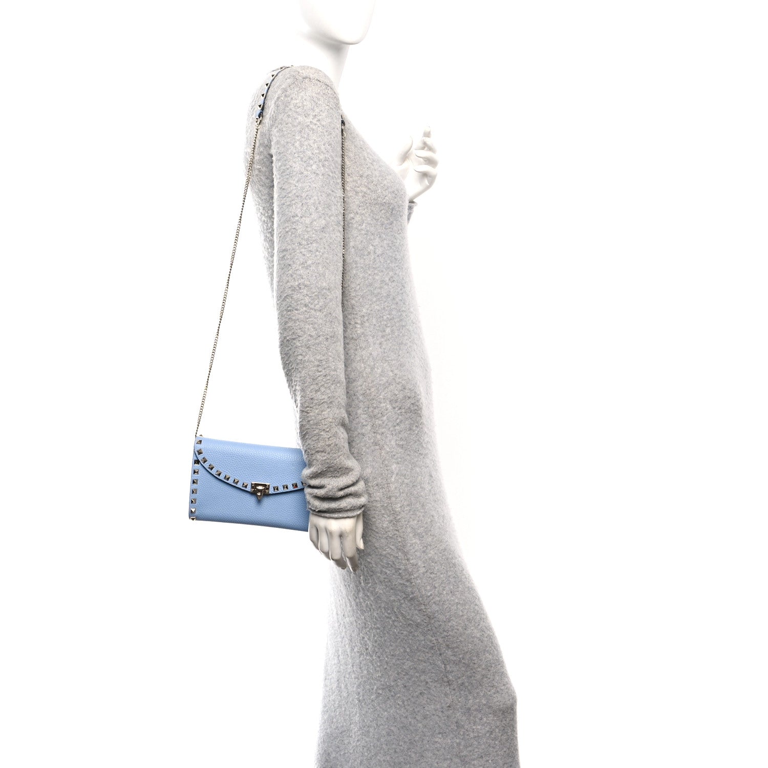 Valentino Garavani Grainy Calfskin Rockstud Flip Lock Wallet With Chain Popeline Blue 3 of 11