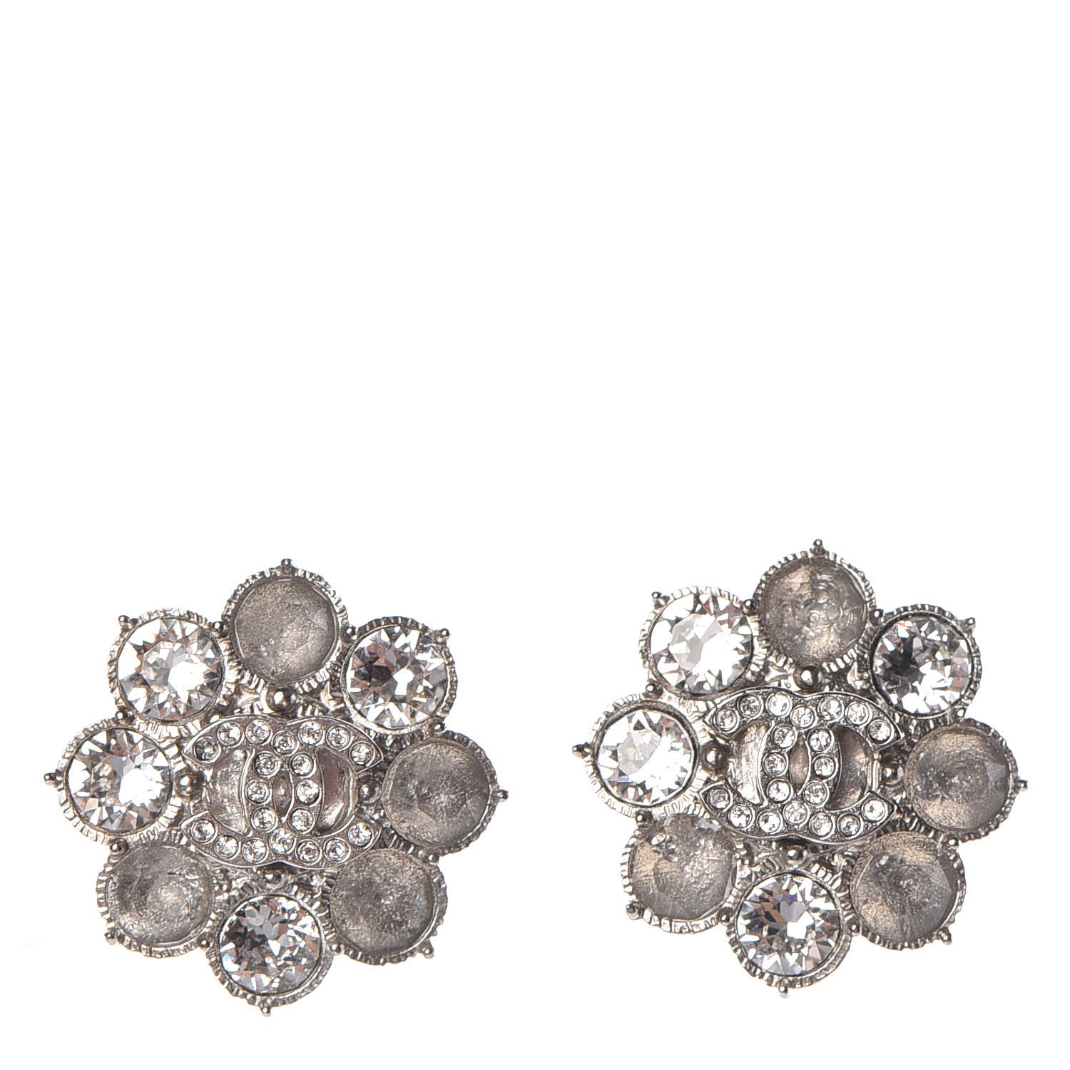 Chanel Crystal CC Flower Earrings Silver 1 of 5