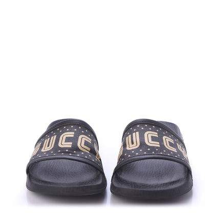 Gucci X SEGA Supreme Canvas GUCCY Stars Womens Slide Sandals 35 Black Gold 2 of 8