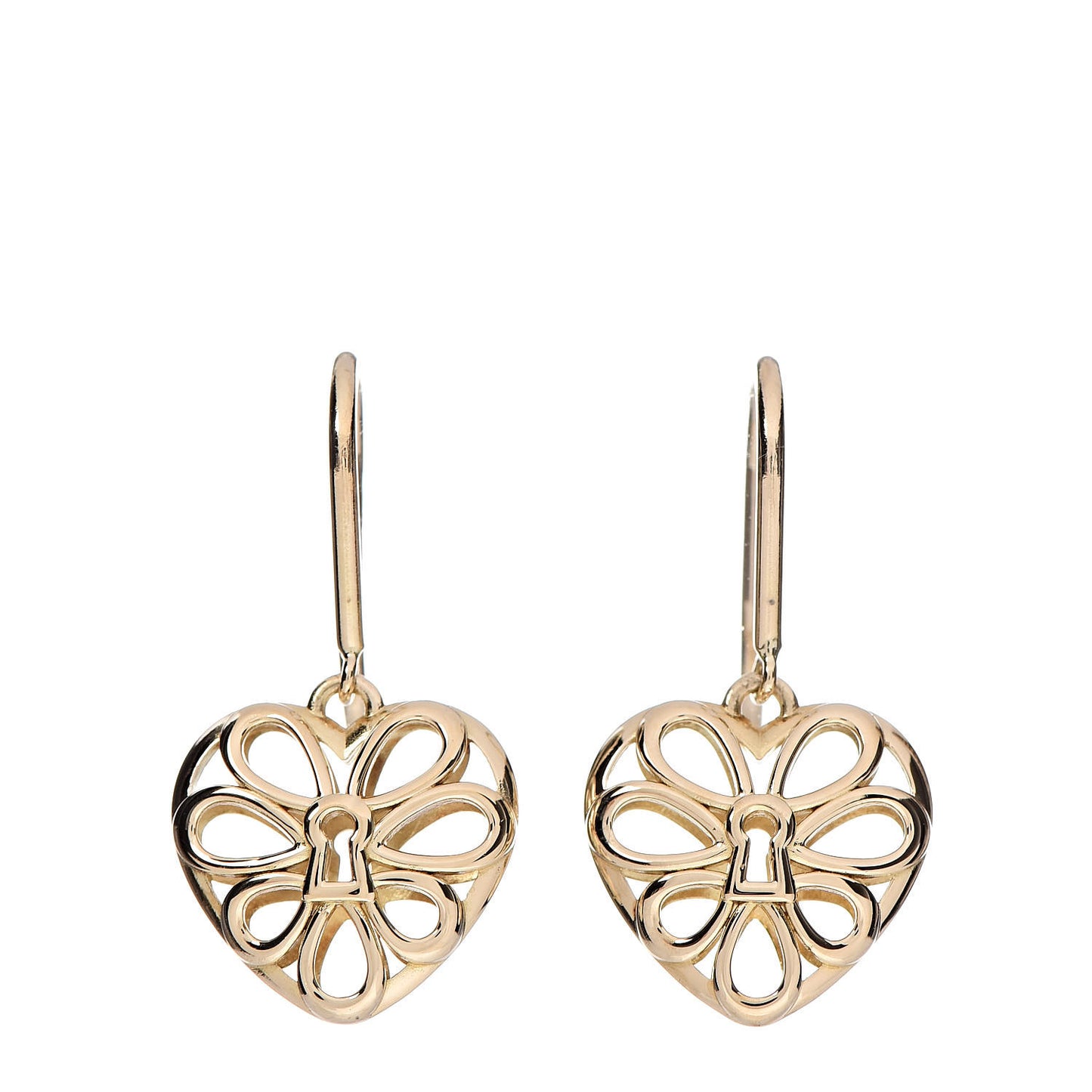 18K Yellow Gold Filigree Heart Lock Drop Earrings