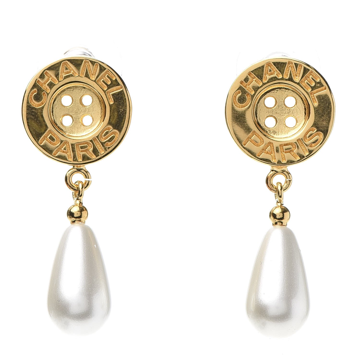 Chanel Metal Pearl Paris Button Drop Earrings Gold 1 of 5