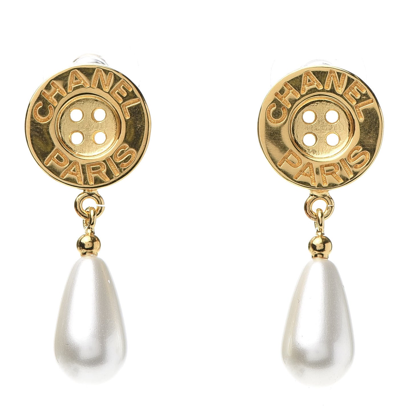 Metal Pearl Paris Button Drop Earrings Gold
