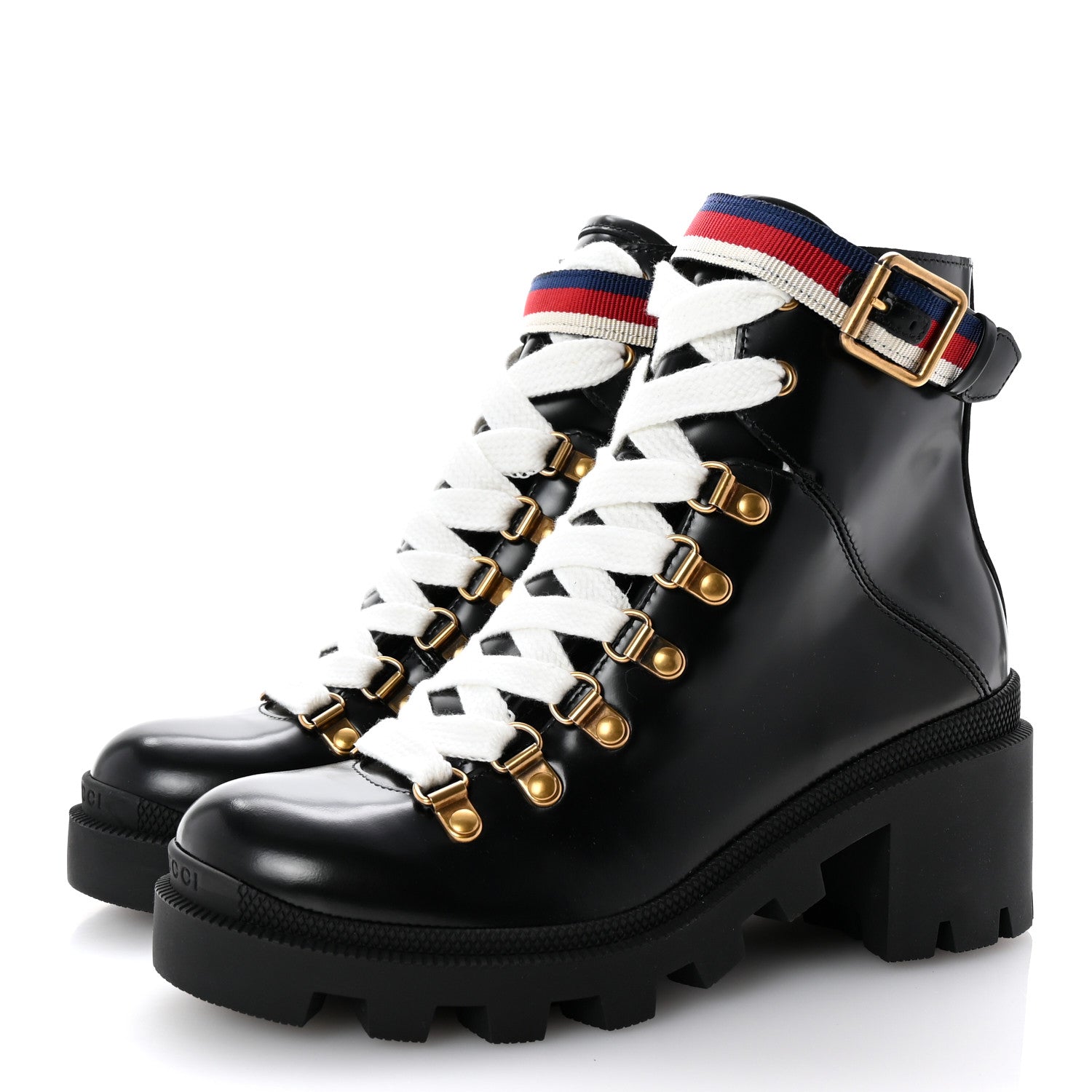 Gucci Calfskin Sylvie Web Lace Up Combat Boots 35 Black 4 of 10