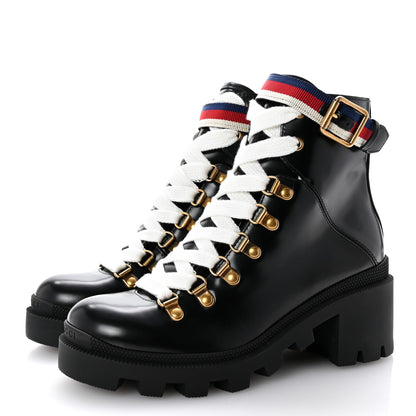 Gucci Calfskin Sylvie Web Lace Up Combat Boots 35 Black 4 of 10