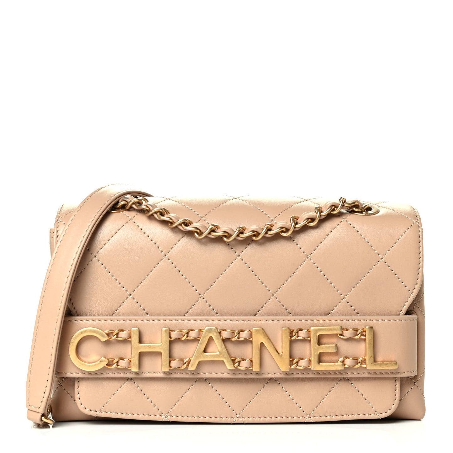 Calfskin Quilted Small Enchained Flap Beige