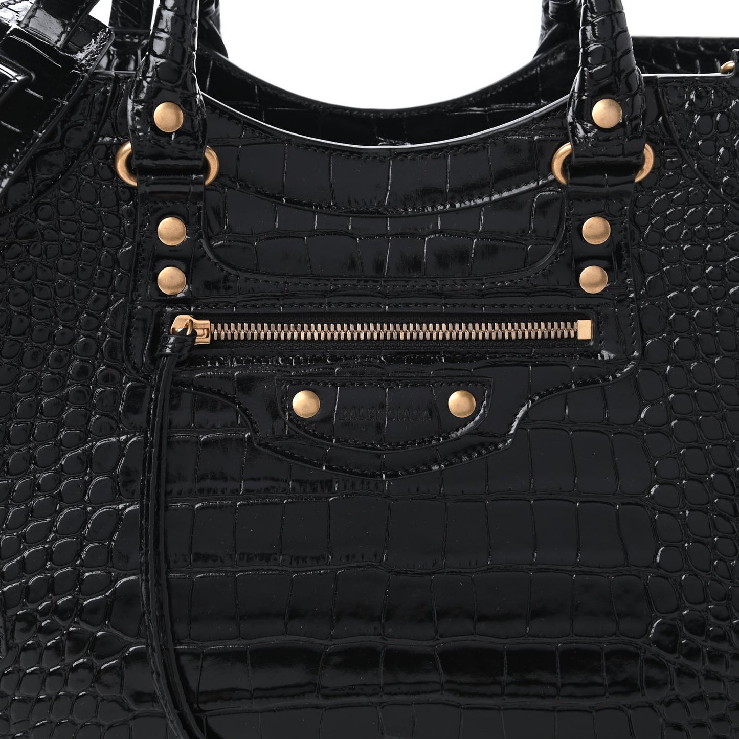 Shiny Supple Calfskin Crocodile Embossed Brass Hardware Neo Classic City Black