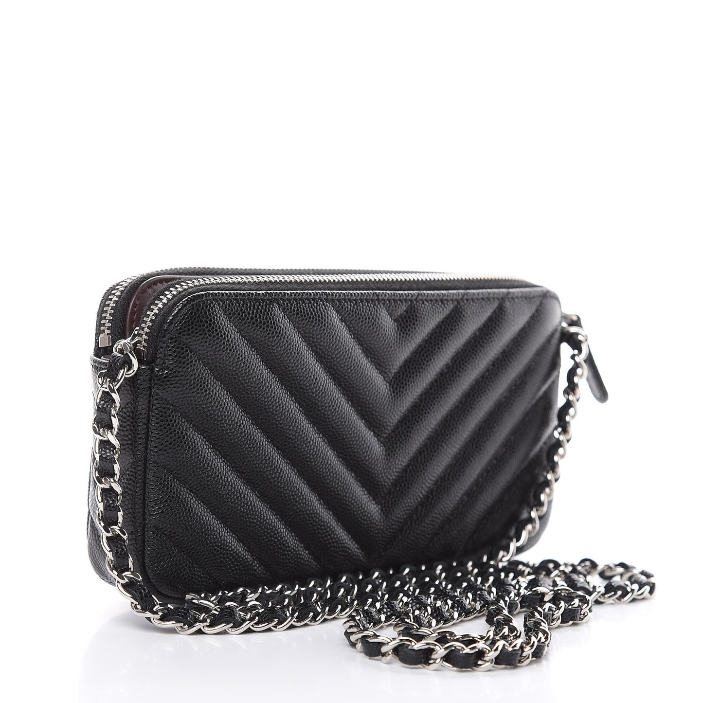 Caviar Chevron Quilted Small Clutch With Chain Black