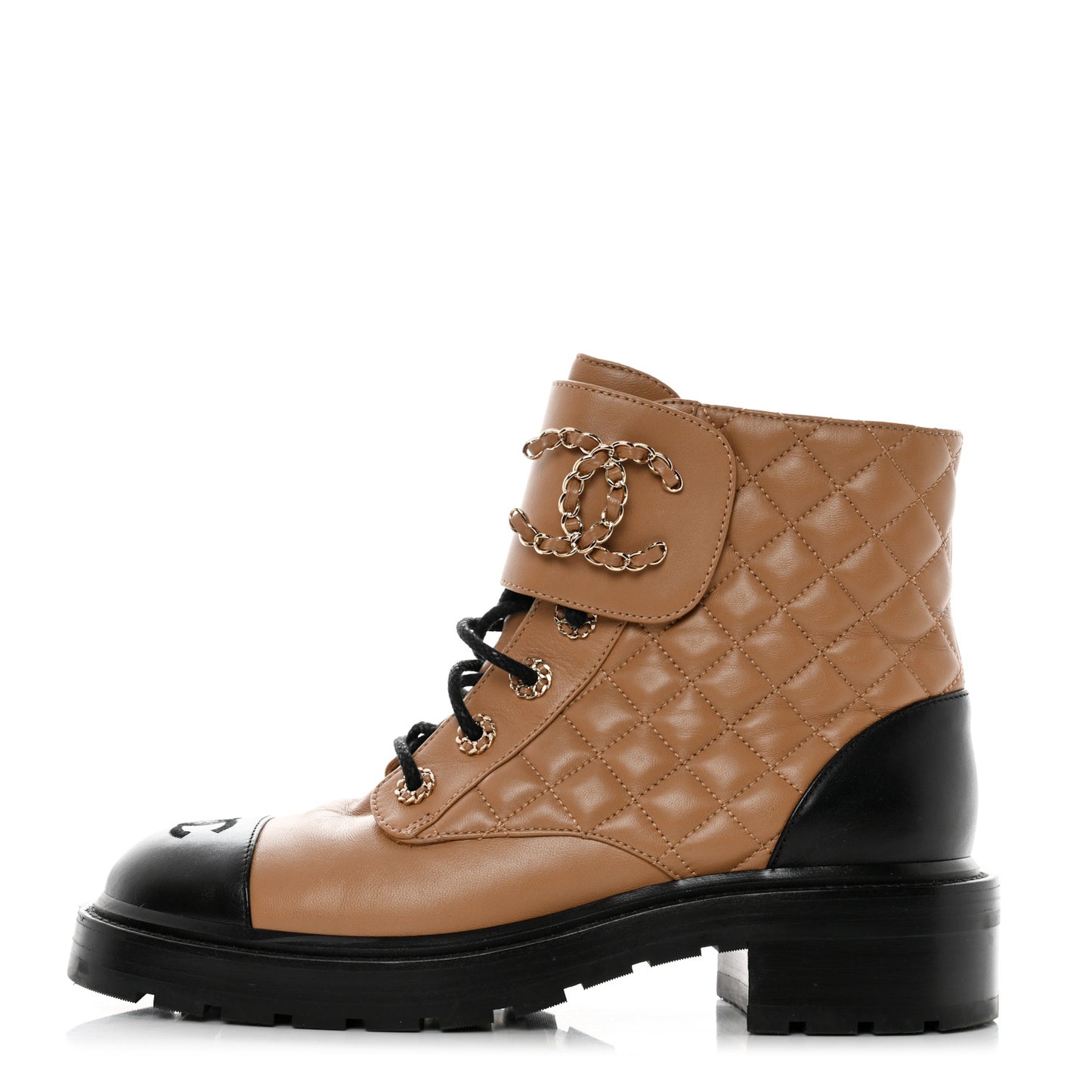 Lambskin Calfskin Quilted Lace Up Combat Boots 39.5 Light Brown Black