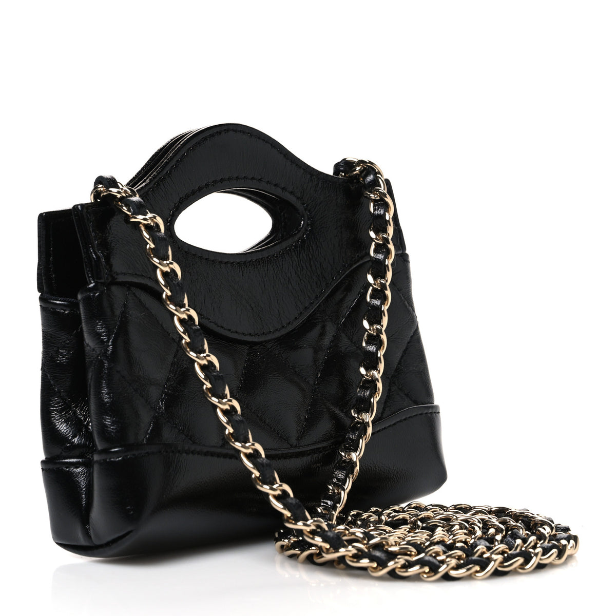 Shiny Lambskin Quilted Micro 31 Clutch With Chain Black