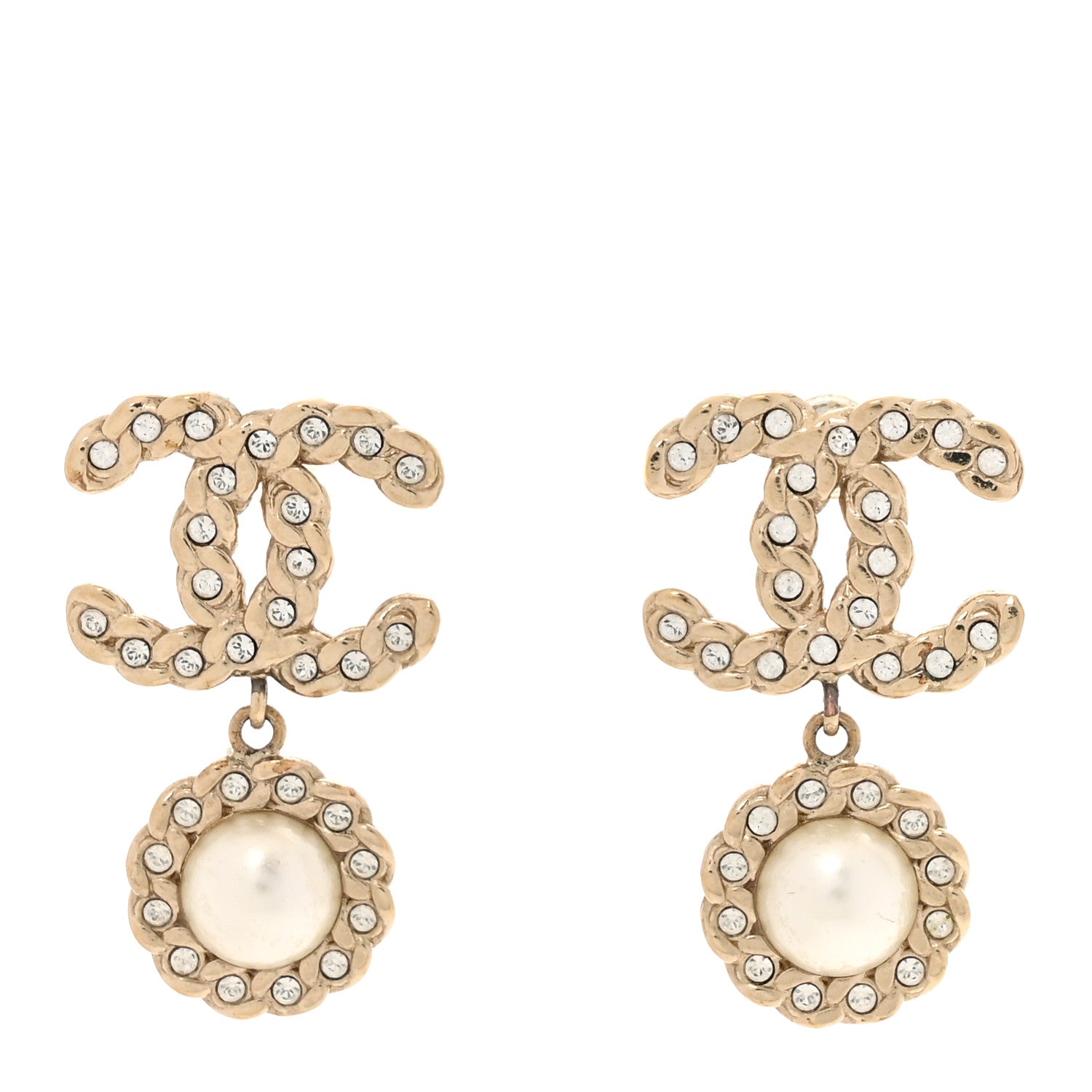 Chanel Crystal CC Pearl Drop Earrings Light Gold 1 of 8
