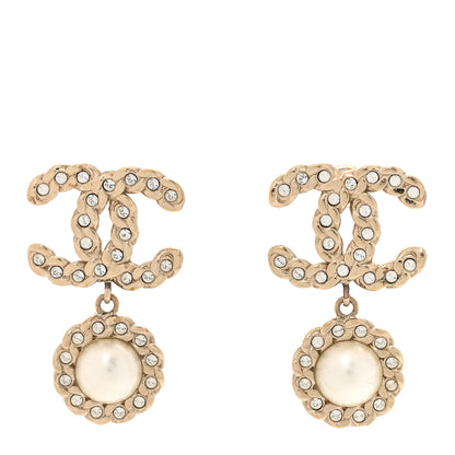 Chanel Crystal CC Pearl Drop Earrings Light Gold 1 of 8