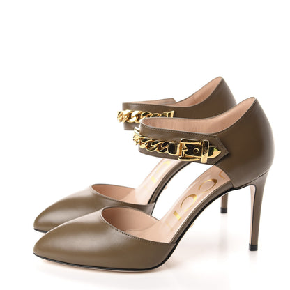 Gucci Calfskin Sylvie Chain Ankle Pumps 37 Mud 3 of 10