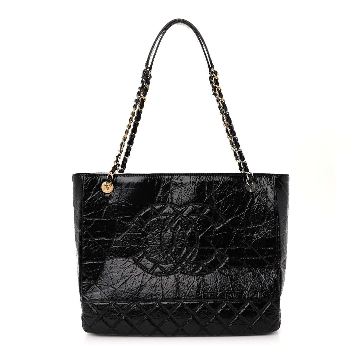Shiny Aged Calfskin Quilted Large Shopping Bag Black
