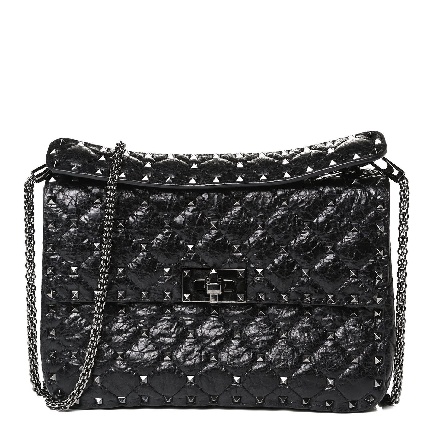 Craquele Nappa Medium Rockstud Spike Shoulder Bag Black