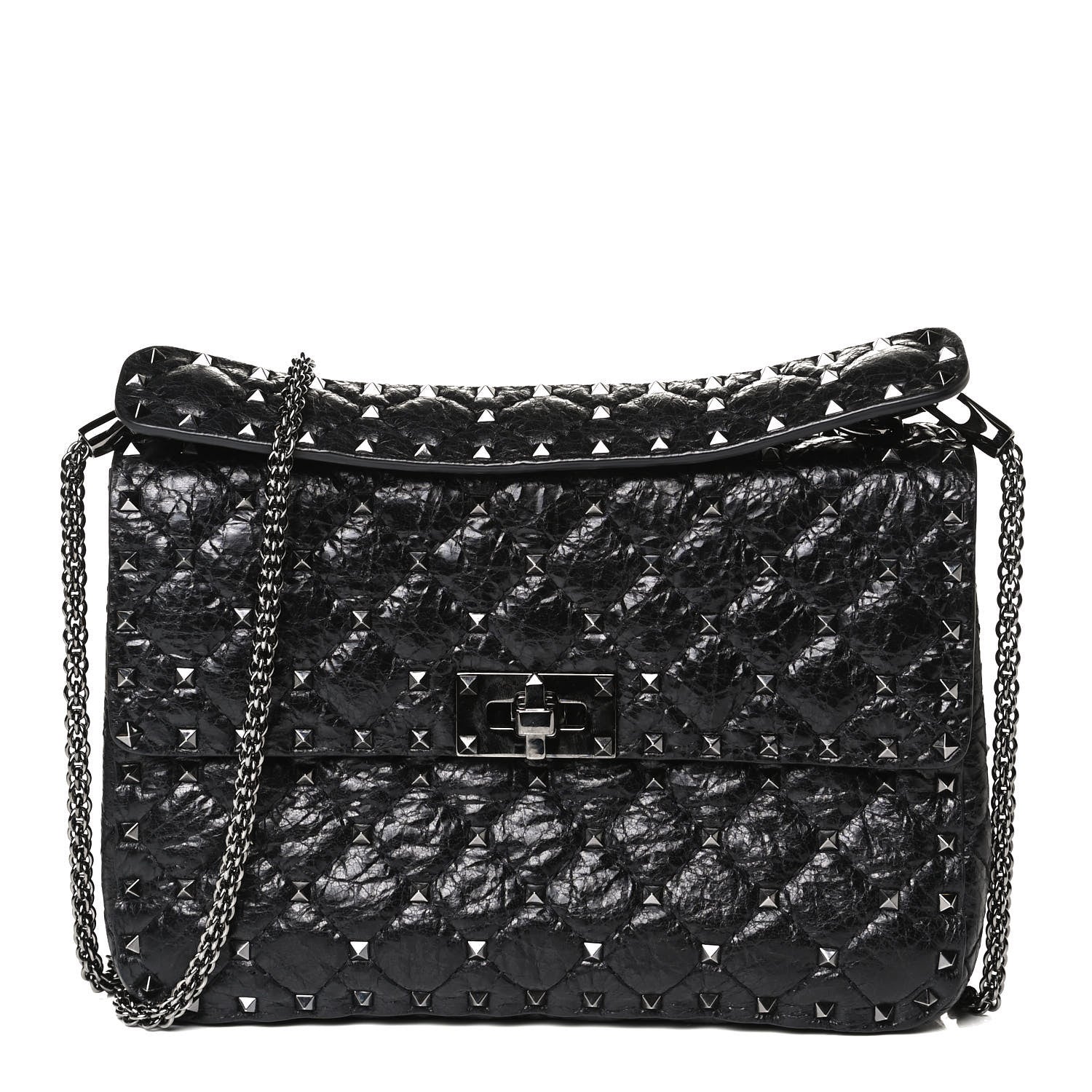 Valentino Garavani Craquele Nappa Medium Rockstud Spike Shoulder Bag Black 1 of 12