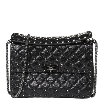 Valentino Garavani Craquele Nappa Medium Rockstud Spike Shoulder Bag Black 1 of 12