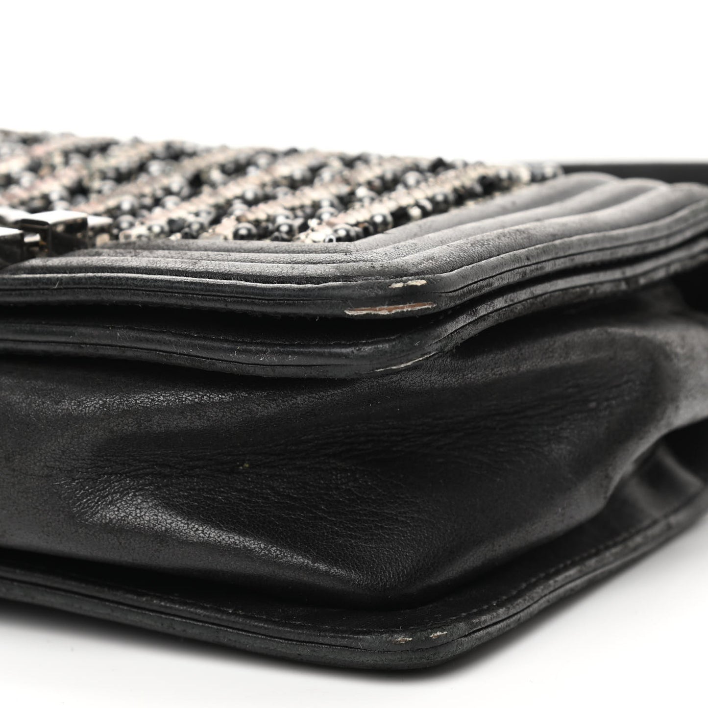 Lambskin Glass Pearl Embroidered Small Boy Flap Black