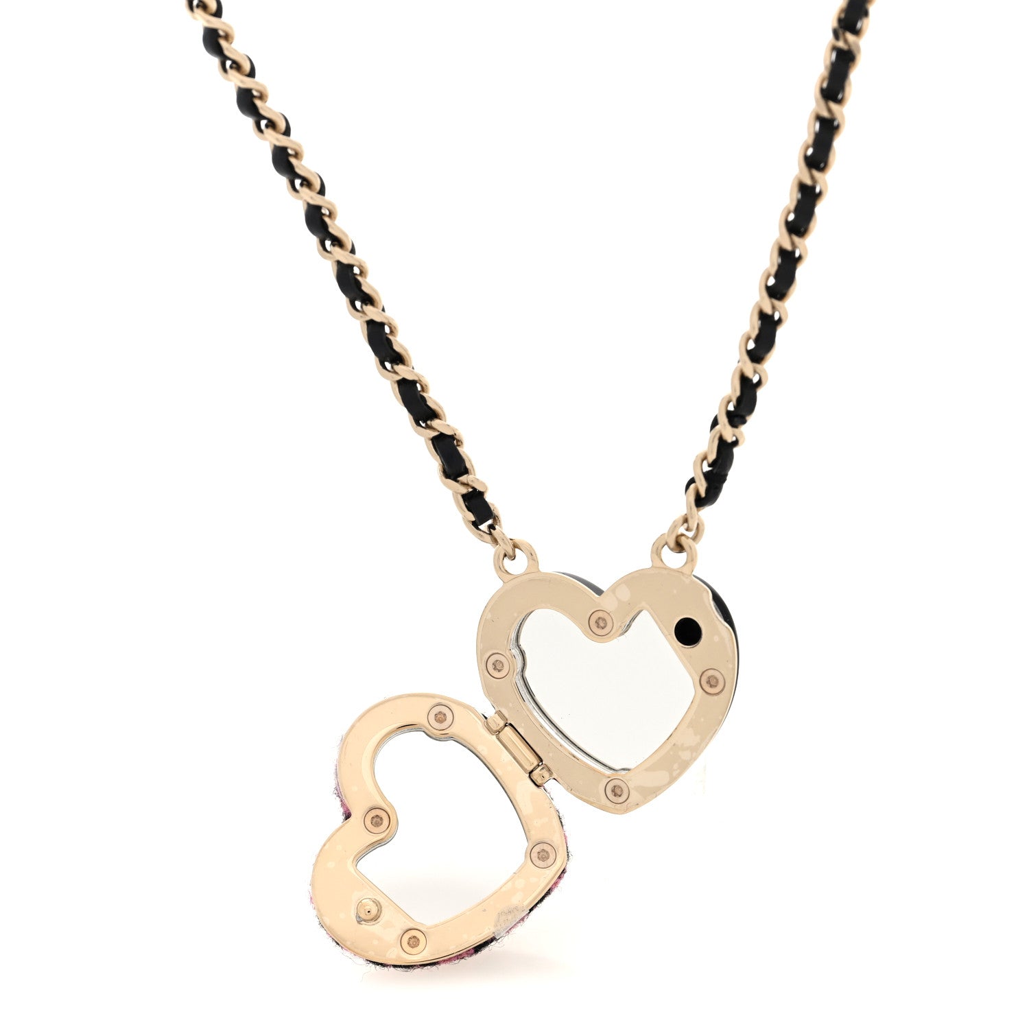 Chanel Lambskin Tweed CC Locket Pendant Necklace Black Pink Gold