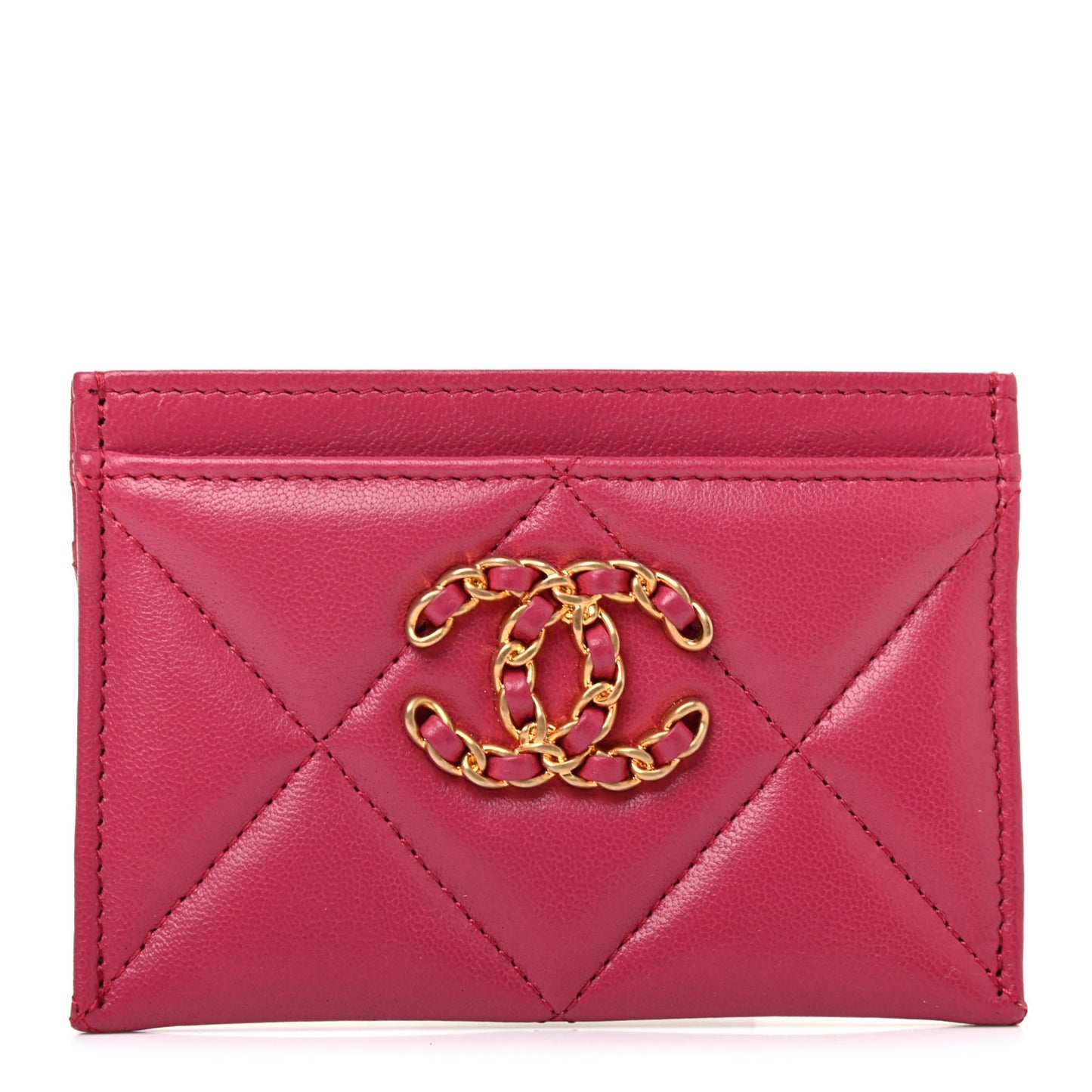 Lambskin Quilted Chanel 19 Card Holder Dark Pink