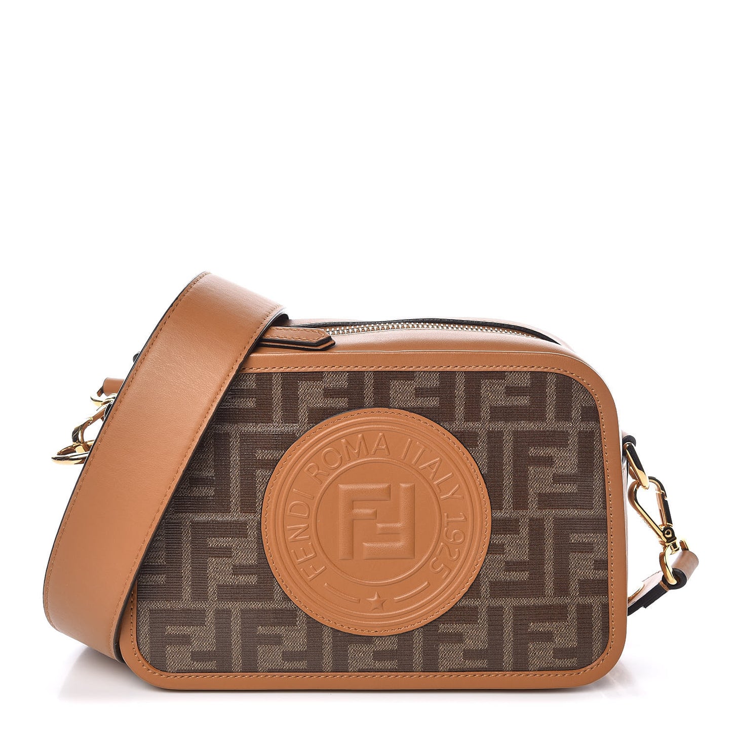 Glazed Fabric Vitello Century F is Fendi FF 1974 Stamp Patch Camera Case Mogano Panna Caramello