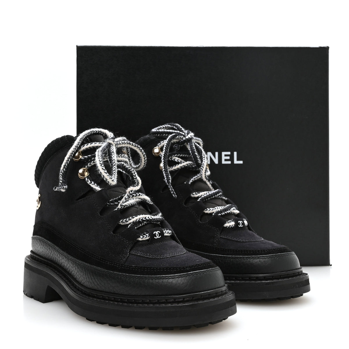 Chanel Suede Grained Calfskin CC Lace Up Boots 37 Black 9 of 9