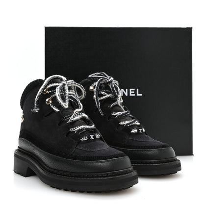 Chanel Suede Grained Calfskin CC Lace Up Boots 37 Black 9 of 9