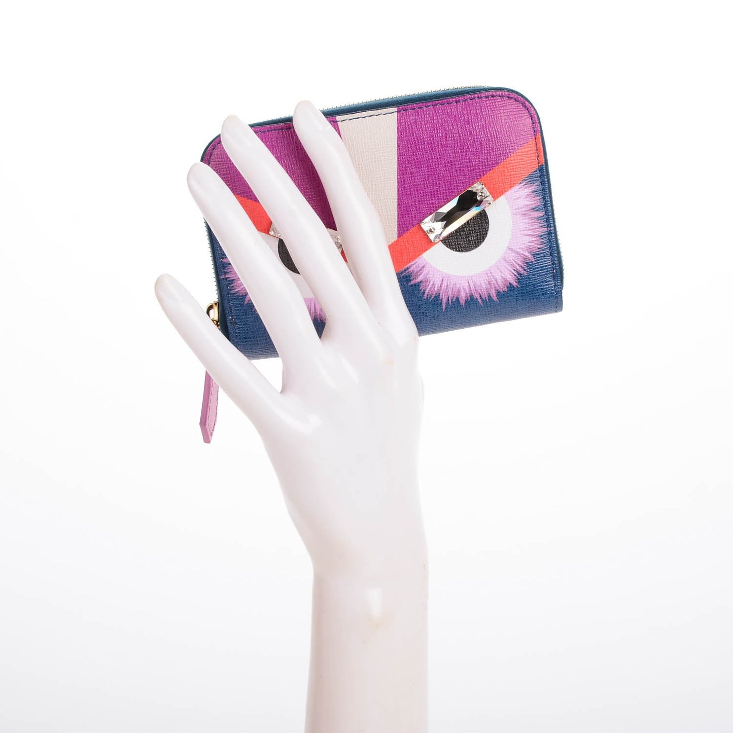 Vitello Elite Crystal Eye Monster Mini Zip Around Wallet Cobalt Lavender Pink