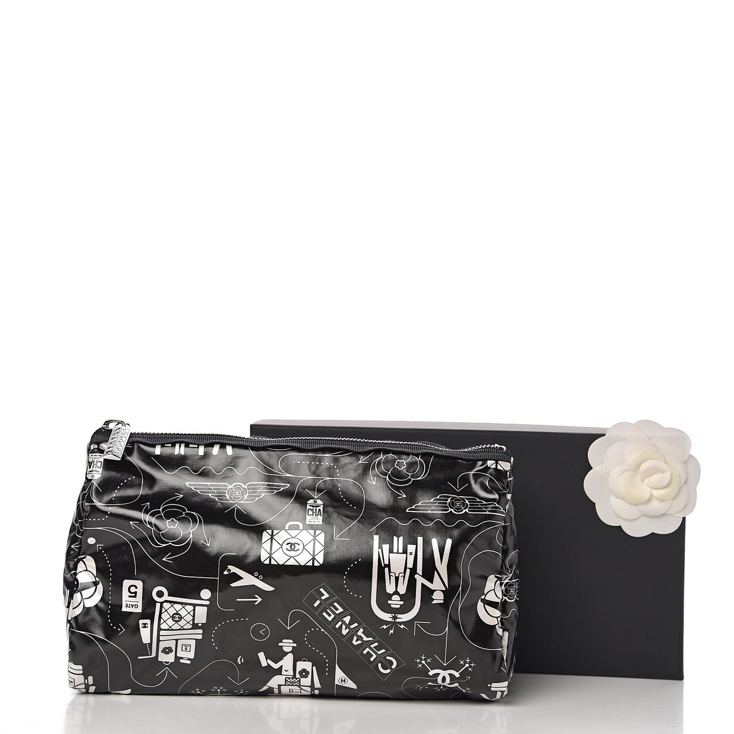 Coated Canvas Airline Cosmetic Pouch Black White