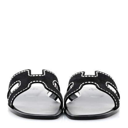 Hermes Suede Goatskin Crystal Embellished Oran Sandals 39 Black 2 of 9